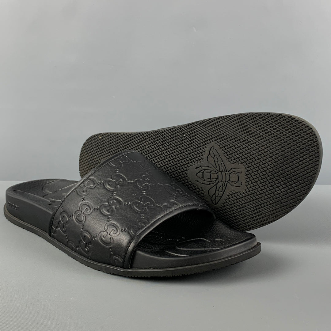 GUCCI Taille 12 Sandales à glissière en cuir monogramme noir