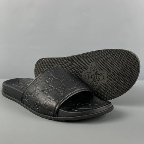 GUCCI Size 12 Black Monogram Leather Slide Sandals