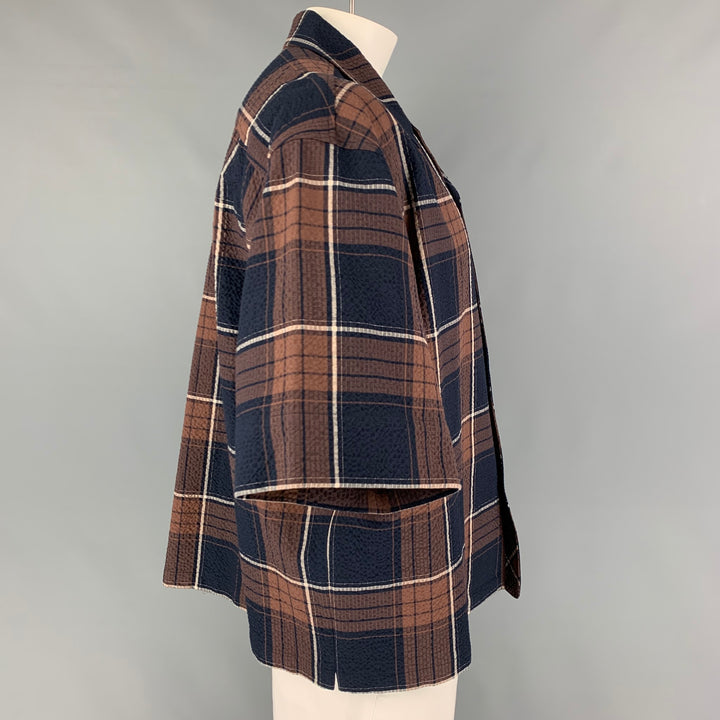 LE17SEPTEMBRE Size L Navy Brown Plaid Cotton Camp Short Sleeve Shirt