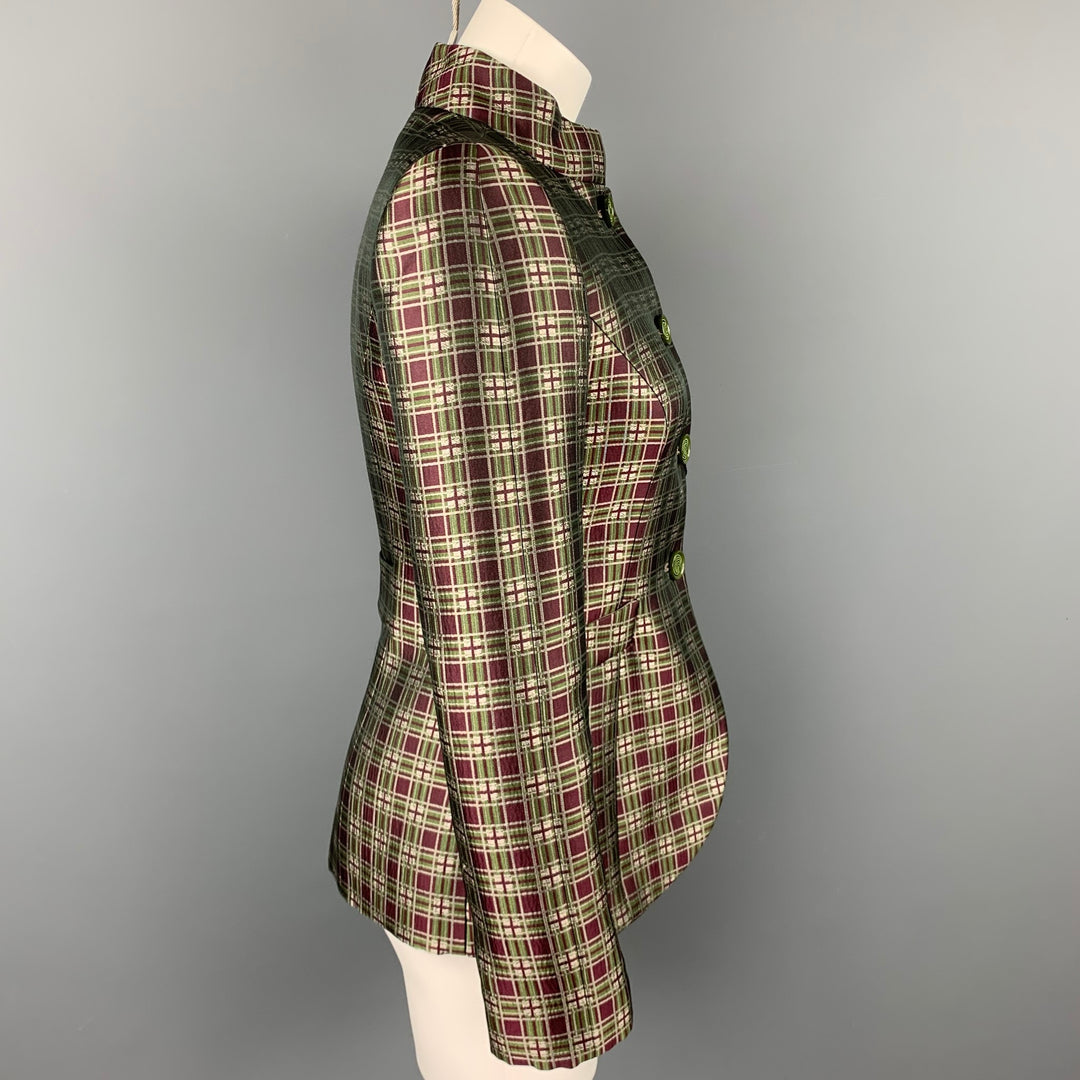 GIORGIO ARMANI Size 2 Burgundy / Green Plaid Wool Blend Nehru Collar Jacket