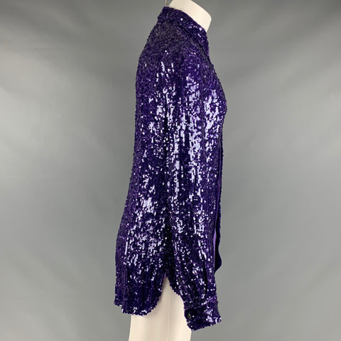 DRIES VAN NOTEN Size S Purple Sequined Viscose Hidden Placket Long Sleeve Shirt