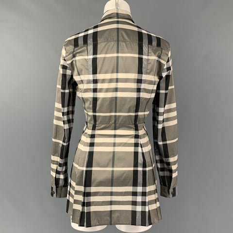 BURBERRY LONDON Size 4 Grey & Black Cream Polyester Plaid Long Sleeve Casual Top