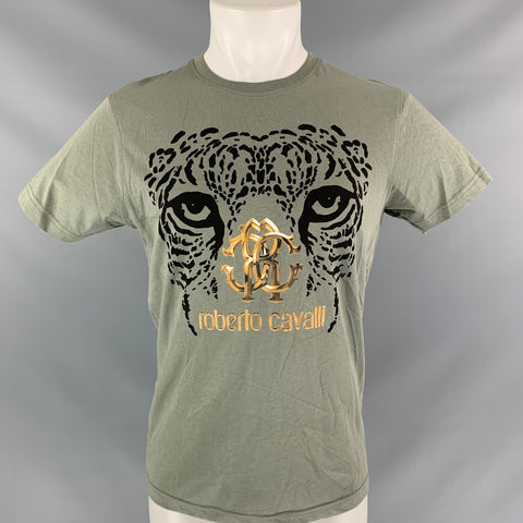 ROBERTO CAVALLI Size M Olive Black Graphic Cotton T-shirt