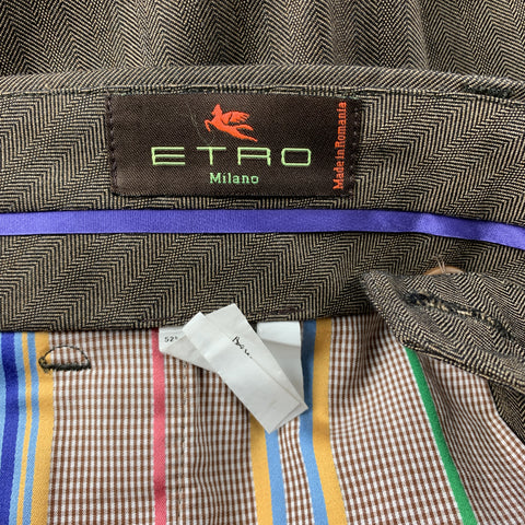 ETRO Size 32 x 29 Brown Herringbone Cotton / Wool Zip Fly Dress Pants