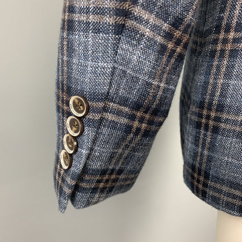HASPEL Size 38 Navy Plaid Wool / Viscose Blend Notch Lapel Sport Coat