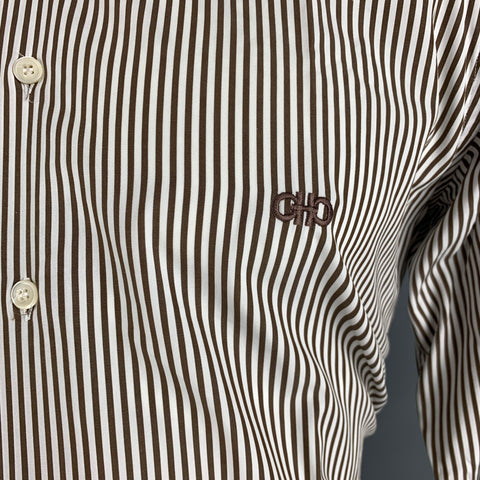 SALVATORE FERRAGAMO Taille L Chemise à manches longues en coton à rayures blanches marron