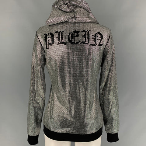 PHILIPP PLEIN COUTURE Size S Silver & Black Cotton Studded Hooded Jacket