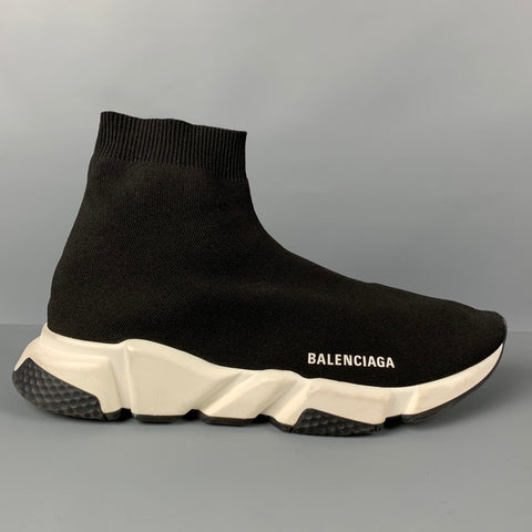 BALENCIAGA Size 10 Black White Logo Pull On Speed Sneakers