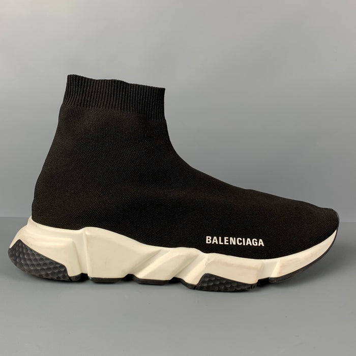 BALENCIAGA Size 10 Black White Logo Pull On Speed Sneakers