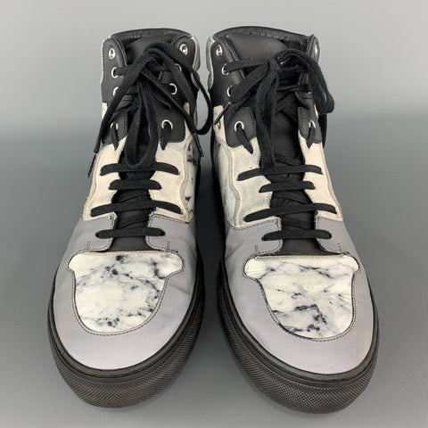 BALENCIAGA Size 10 Gray Print Marble Leather Reflective High Top Sneakers