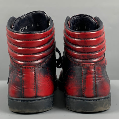 GUCCI Size 9.5 Red Navy Marbled Leather High Top Sneakers
