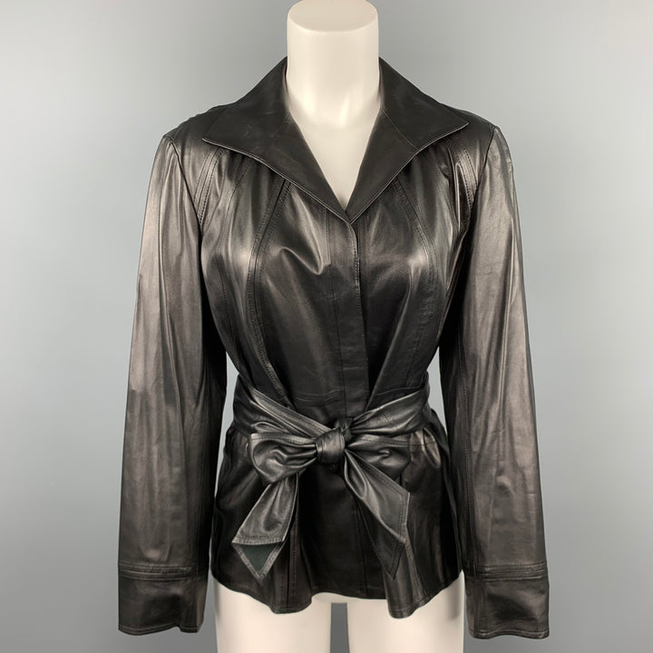 LAFAYETTE 148 Size 10 Black Leather Belted Hidden Button Jacket