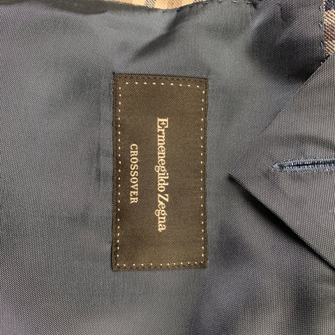 ERMENEGILDO ZEGNA Size 46 Crossover Taupe & Blue Plaid Linen Blend Notch Lapel Sport Coat