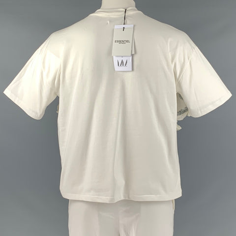 ESSENTIEL Size XL Cream Black Mixed Fabrics Cotton Short Sleeve T-shirt