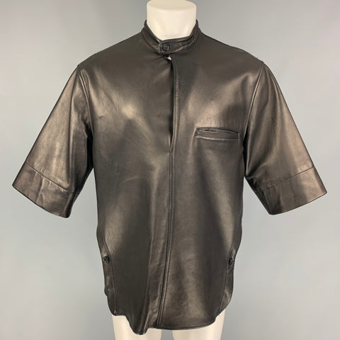 3.1 PHILLIP LIM Size M Black Leather Buttoned Collar Short Sleeve Shirt