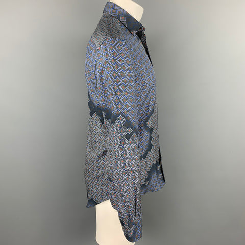 LANVIN Size M Navy & Blue Geometric Button Up Long Sleeve Shirt