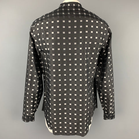 ARMANI COLLEZIONI Size XL Black & Silver Checkered Cotton / Viscose Nehru Collar Long Sleeve Shirt