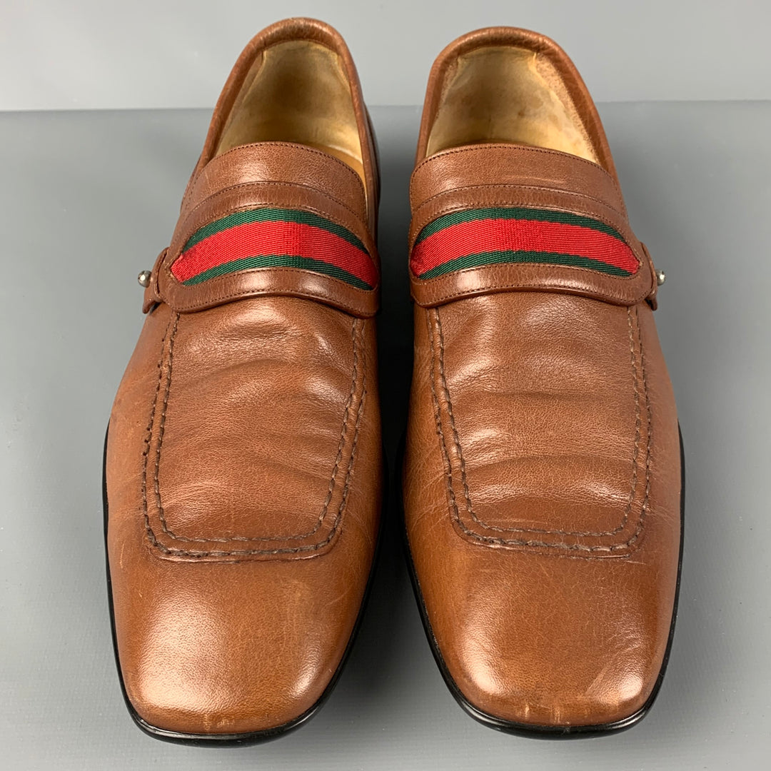 Vintage GUCCI Size 7.5 Tan Green Red Slip On Loafers