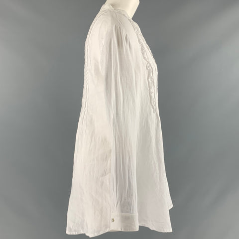 120% LINO Size M White Linen Ruffled Open Collar Shirt