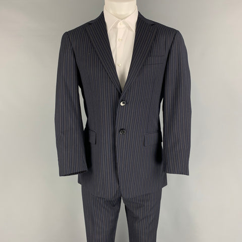 ERMENEGILDO ZEGNA Talla 38 Traje de solapa de muesca de lana a rayas azul marino y marrón