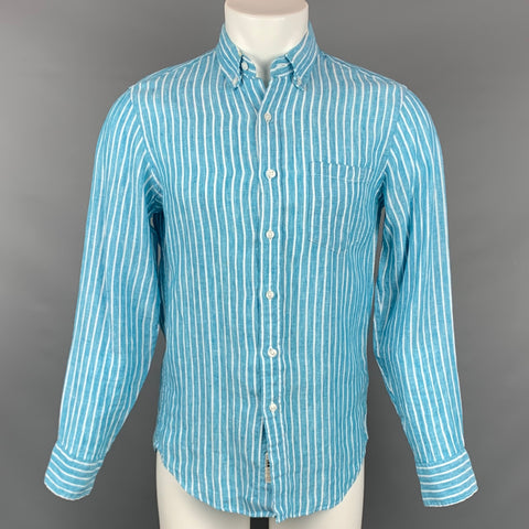J CREW Size S Teal Stripe Linen Slim Fit Long Sleeve Shirt