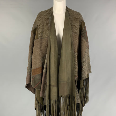 RALPH LAUREN 2016 Carlotta Poncho de retales con flecos de gamuza y lana marrón oliva