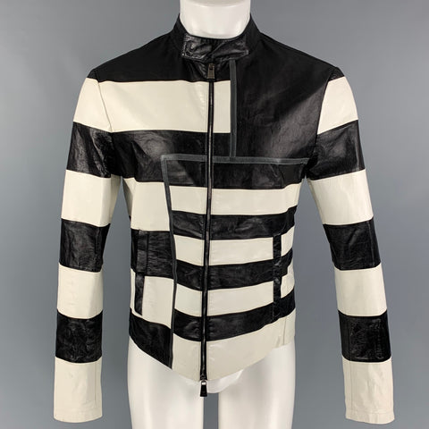 EMPORIO ARMANI Size 40 Black White Stripe Leather Jacket