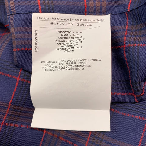 ETRO Size XL Navy Red Plaid Lyocel Cotton Button Up Long Sleeve Shirt