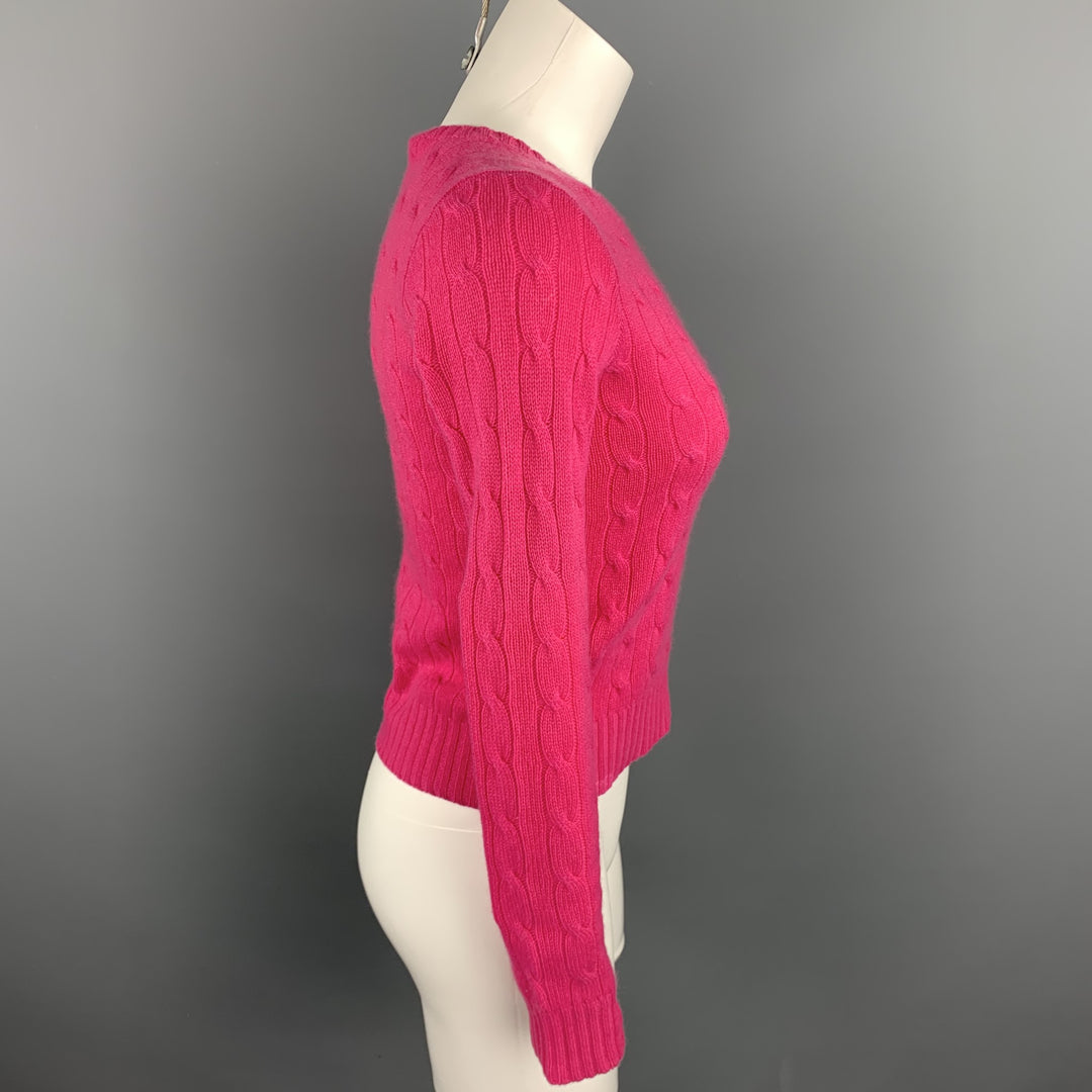 RALPH LAUREN Size S Fuchsia Cable Knit Cashmere Crew-Neck Sweater