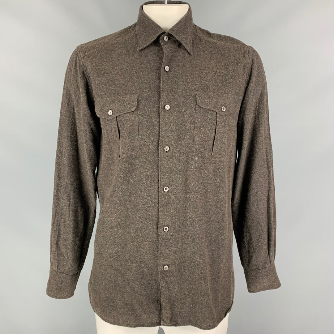 ERMENEGILDO ZEGNA Size L Brown Textured Brushed Cotton Long Sleeve Shirt