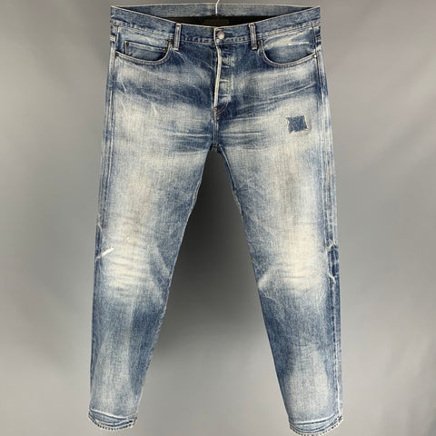 JOHN ELLIOTT Talla 38 Vaqueros azules con bragueta de botones y mezclilla con orillo desgastado