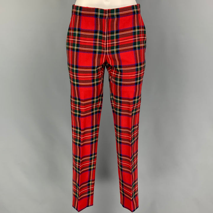 BURBERRY LONDON Size 2 Red Multi-Color Wool Plaid Tapered Dress Pants