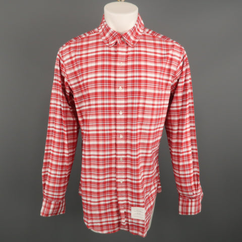 THOM BROWNE Size XXL Red & White Plaid Cotton Button Up Long Sleeve Shirt