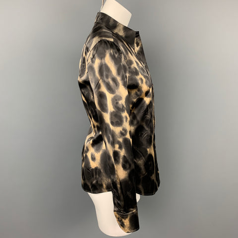 PRADA Taille 2 Blouse boutonnée en soie satinée noire et beige