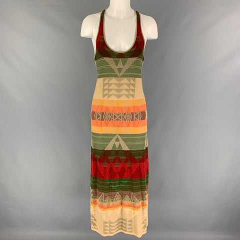 RLX by RALPH LAUREN Vestido largo sin mangas con rayas en mezcla de lino, color beige, naranja y verde, talla S