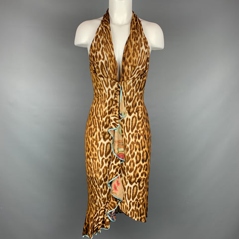 YIGAL AZROUEL Taille S Robe sans manches en rayonne/soie à imprimé animal marron et beige