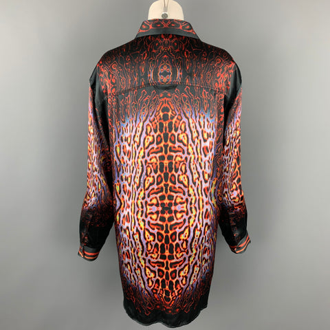 JUST CAVALLI Size XL Black & Red Print Silk Hidden Buttons Shirt
