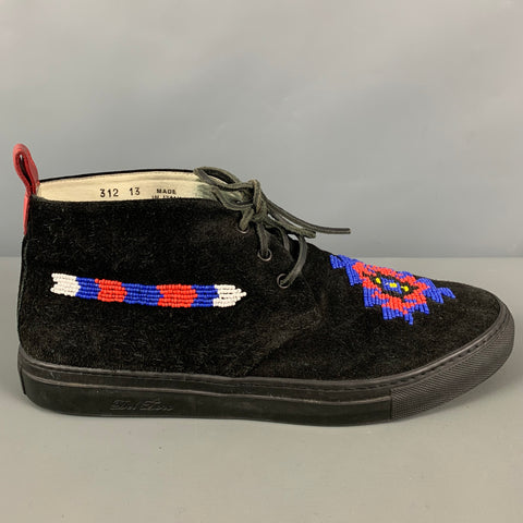 DEL TORO Size 13 Black Red & Blue Beaded Suede Moccasin Boots