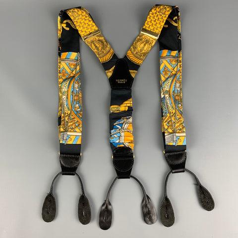 HERMES Black & Gold Silk Leather Suspenders