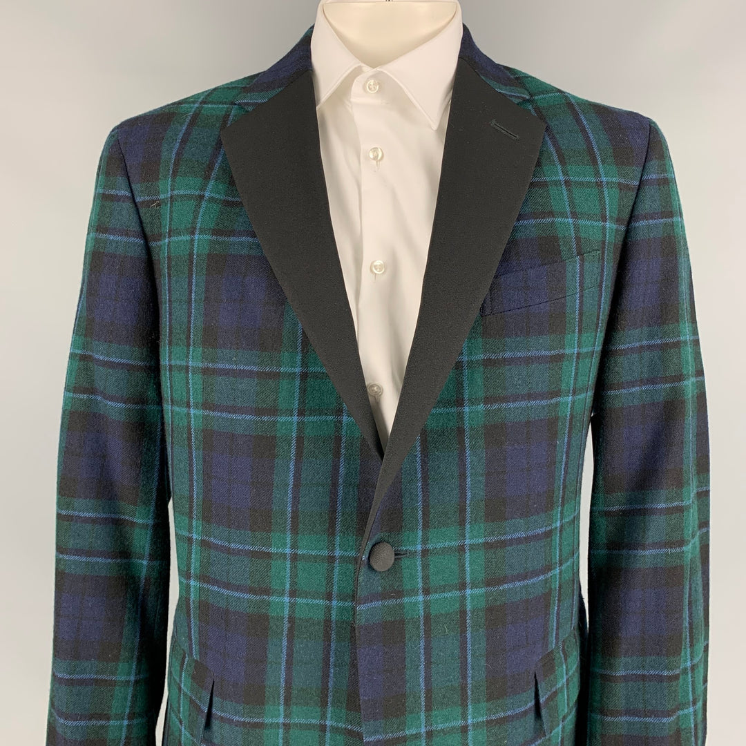 POLO by RALPH LAUREN Size 44 Regular Navy & Black Green Plaid Virgin Wool Tuxedo Sport Coat