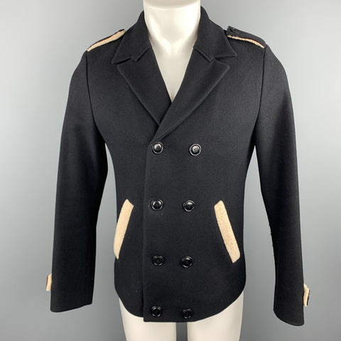 CY CHOI Size S Navy Double Breasted Shearling Trim Coat