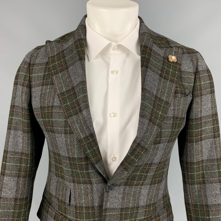 LUIGI BIANCHI Size 36 Grey & Olive Plaid Wool / Cashmere Sport Coat