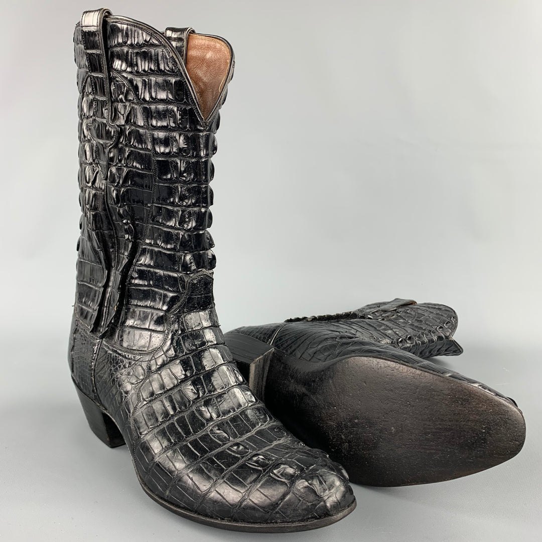 AMMONS Size 9.5 Black Full Hornback Alligator Pull On Cowboy Boots