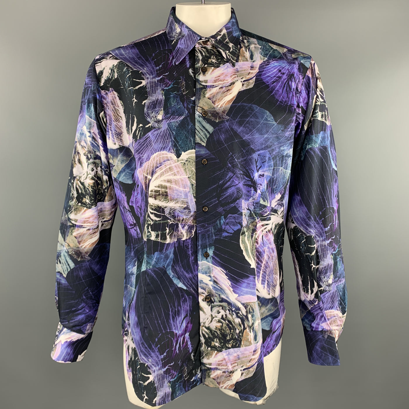 ETRO Size L Print Black & Purple Cotton Button Up Long Sleeve Shirt