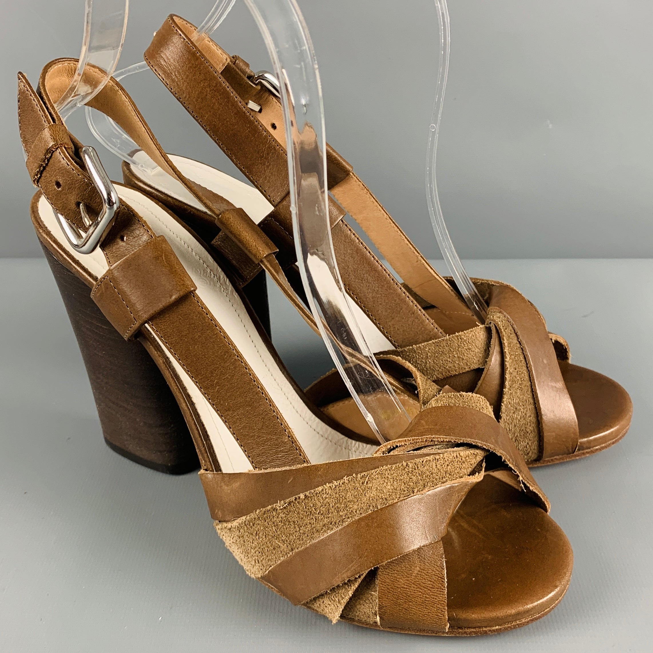 Brown leather chunky heel sandals best sale