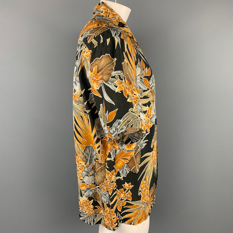 BRIONI Size M Black & Tan Floral Rayon Camp Short Sleeve Shirt