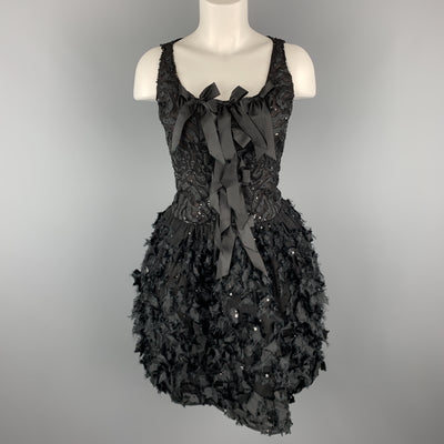 OSCAR DE LA RENTA 6 Black Sequin Mesh Silk Bows Buubble Skirt Cocktail Dress