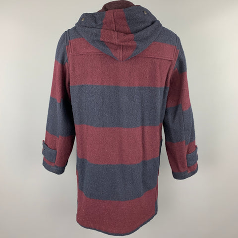 WOOLRICH Size M Burgundy & Navy Stripe Wool / Nylon Hooded Coat