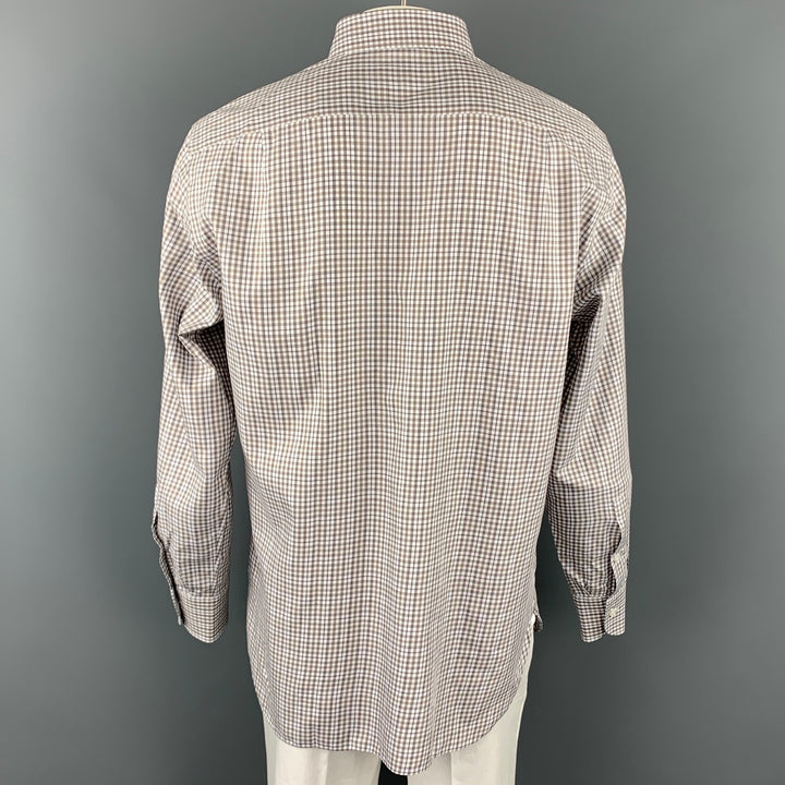 ERMENEGILDO ZEGNA Size XL White & Brown Checkered Cotton Long Sleeve Shirt