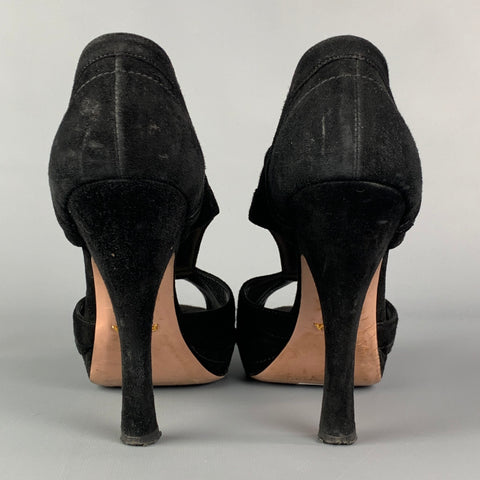 PRADA Talla 10.5 Botas peep toe de ante negro